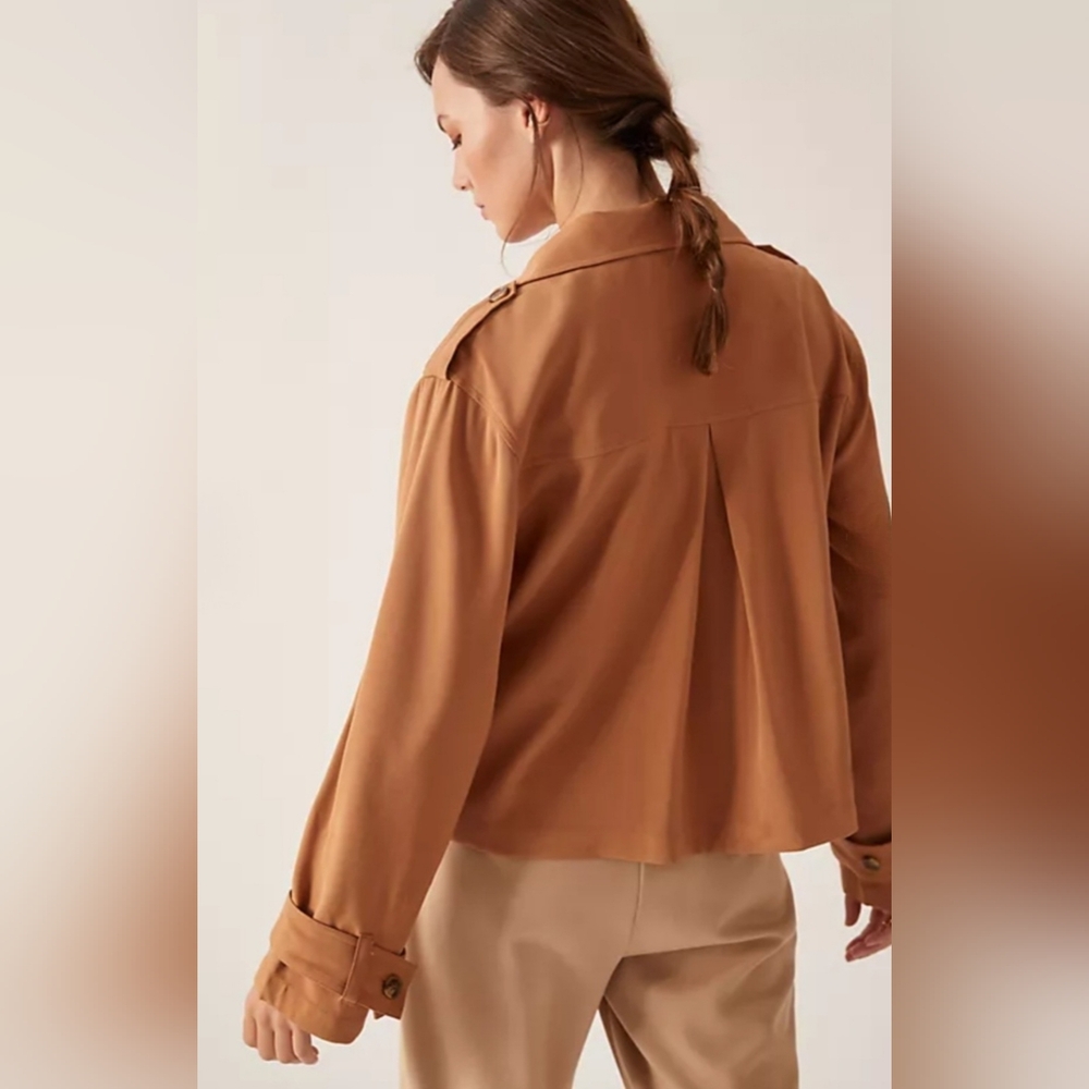 Anthropologie X Sanctuary Cropped Trench Coat Sz XXS Tan Slant Pockets Buttons - Picture 6 of 16